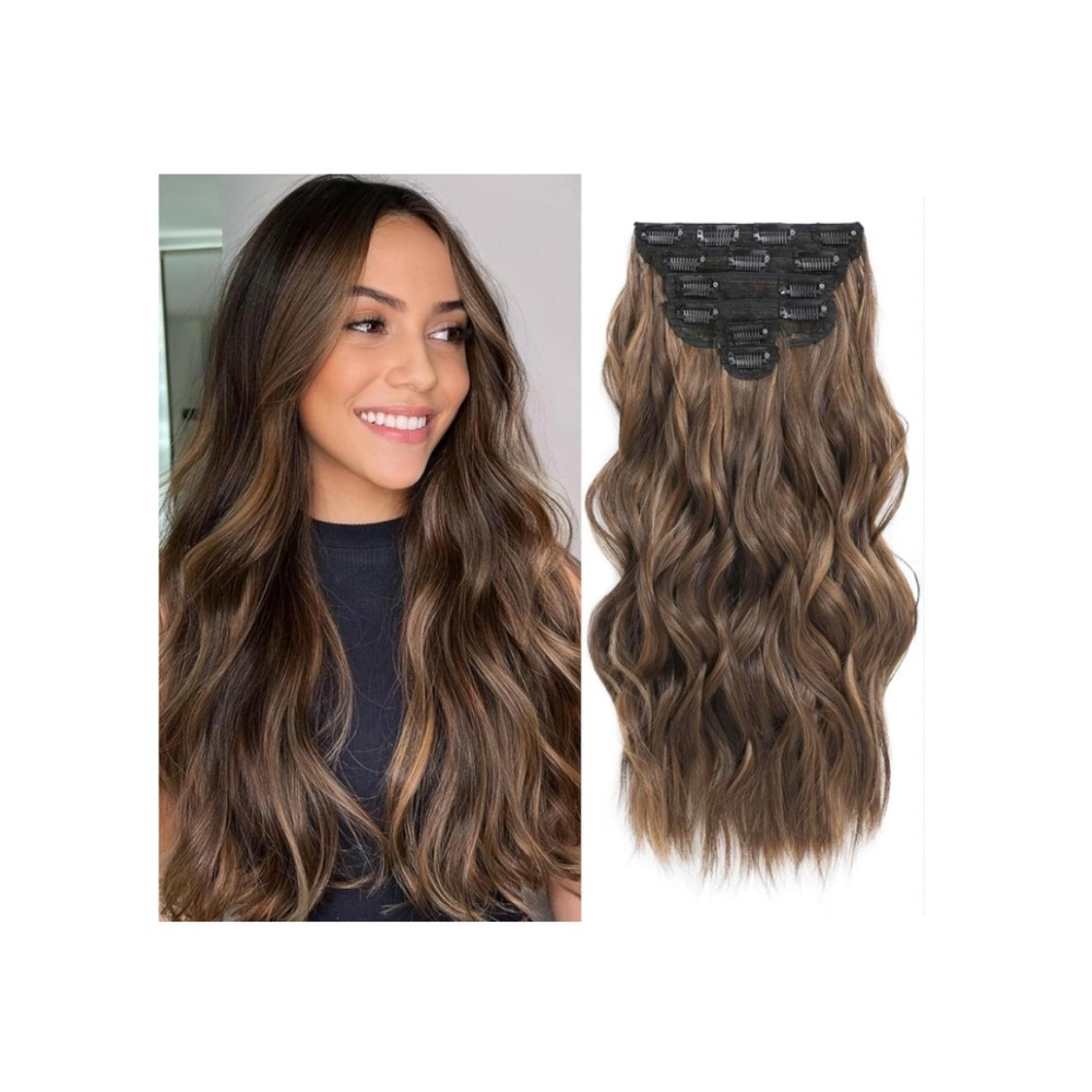 24" Balayage Dark Brown Clip In Hair Extensions 6pcs Brown w/ Caramel Highlights